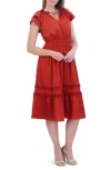 ELIZA J ELIZA J TIERED RUFFLE SLEEVE TIE NECK MIDI DRESS