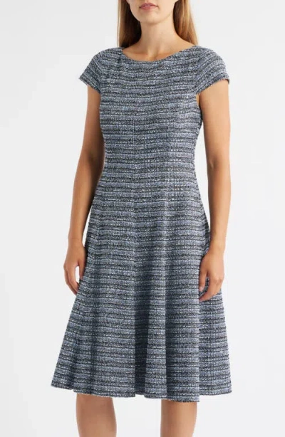 Eliza J Tweed Cap Sleeve Fit & Flare Dress In Blue