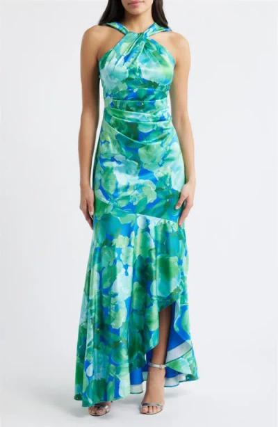 Eliza J Twist Neck Satin Maxi Dress In Green