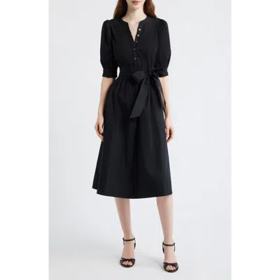 Eliza J Twofer Mixed Media Belted Midi Dress In Black