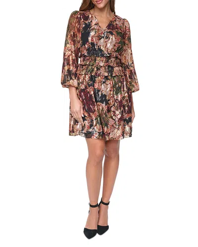Eliza J V Neck Balloon Sleeve Smocked Waist Dress In Multi