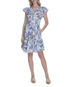 Eliza J Petite Floral Flutter-sleeve Smocked-waist Dress In Ivory Blue