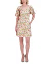 Eliza J Petite V-neck Puff-sleeve Embroidered Dress In Multi