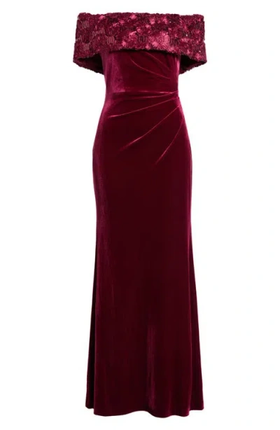 Eliza J Velvet Off The Shoulder Gown In Red