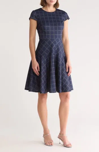 Eliza J Windowpane Print Cap Sleeve Fit & Flare Dress In Navy