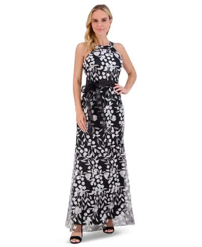 Eliza J Women's 3d-floral Tie-waist Halterneck Gown In Black,white