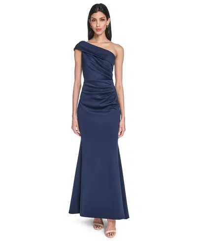 Eliza J Women's Asymmetric-neck Side-pleat Scuba Gown In Blue