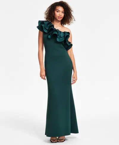 Eliza J Women's Asymmetrical Ruffled-neck Evening Gown In Hunter