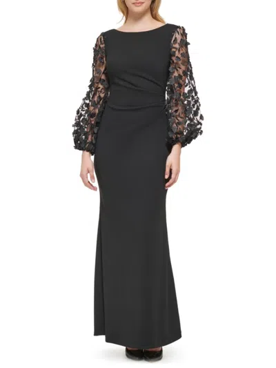 Eliza J Women's Balloon-sleeve Crepe Gown With Floral Mesh In Black