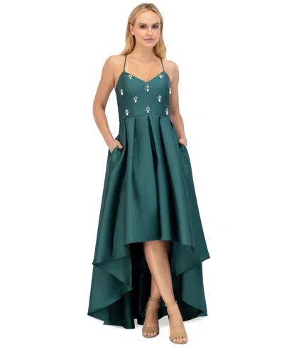 Eliza J Women's Beaded-bodice Pleated High-low Gown In Emerald