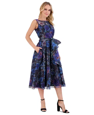 Eliza J Women's Belted Floral-print Cocktail Dress In Black,blue