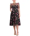 Eliza J Embroidered Illusion Neck Cocktail Midi Dress In Black Multi