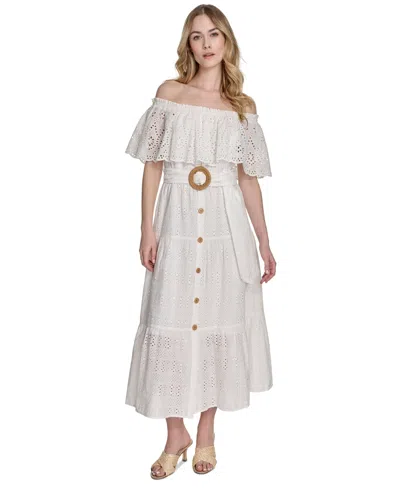 Eliza J Women's Cotton Off-the-shoulder Belted Midi Dress In Ivy