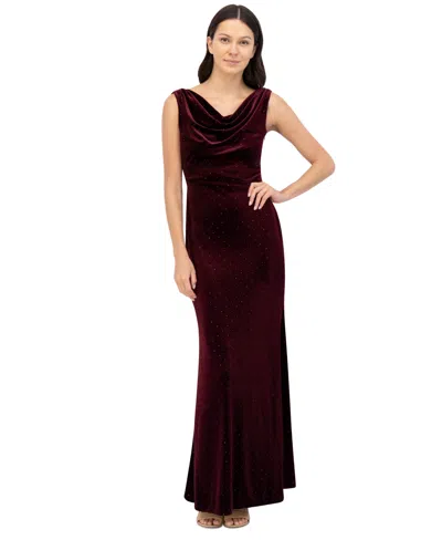 Eliza J Petite Cowlneck Velvet Rhinestone-dotted Evening Gown In Wine