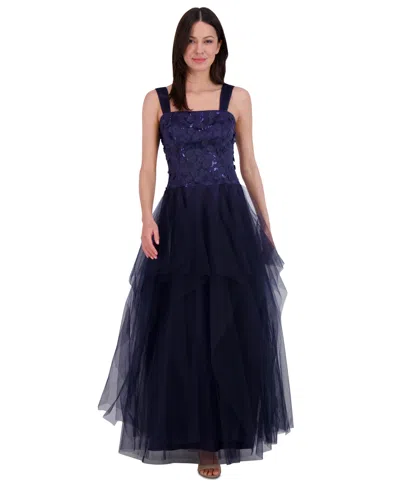 Eliza J Women's Embellished Flower Sleeveless Tulle Gown In Navy