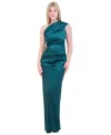 Eliza J Embellished One-shoulder Satin Gown In Hunter