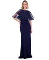 Eliza J Women's Embroidered Cape Overlay Scuba Gown In Navy
