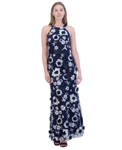 Eliza J Women's Embroidered-floral Sleeveless Gown In Navy
