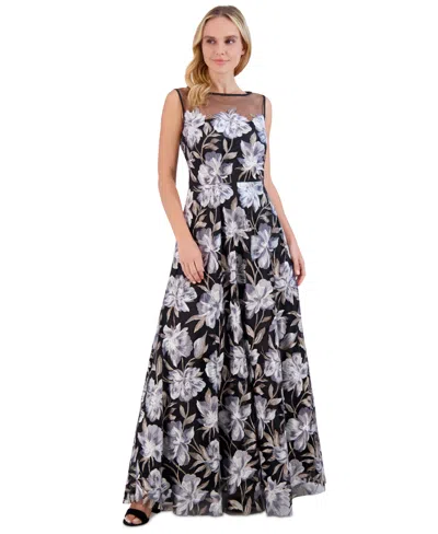 Eliza J Women's Embroidered Illusion-neck Evening Gown In Black,gray