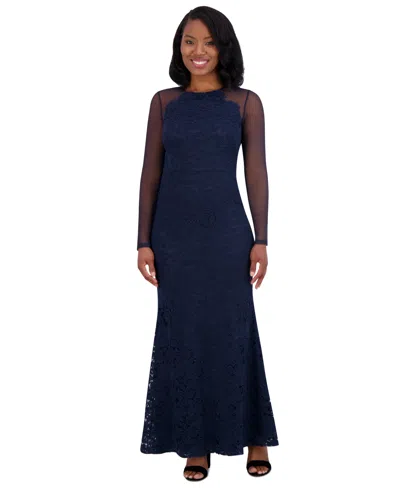 Eliza J Women's Embroidered Illusion-sleeve Gown In Navy