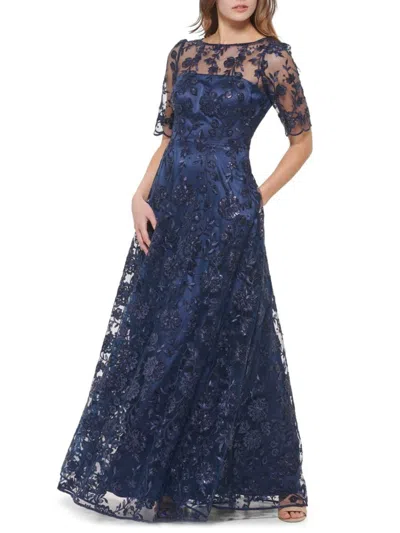 Eliza J Women's Embroidered Mesh Gown In Navy