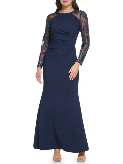 Eliza J Women's Embroidered Mesh-sleeve Crepe Gown