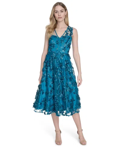 Eliza J Women's Embroidered-mesh Sleeveless Fit & Flare Dress In Blue