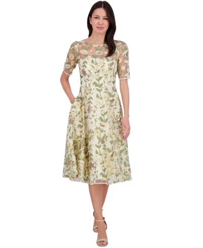 Eliza J Women's Embroidered Puff-sleeve Fit & Flare Midi Dress In Yellow