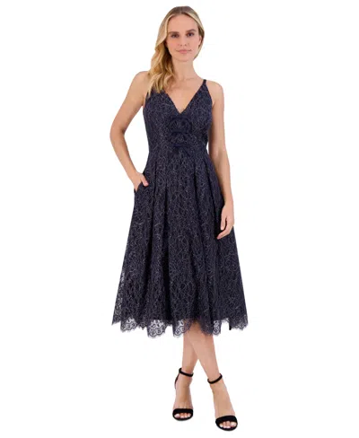 Eliza J Women's Fit & Flare Metallic-embroidered Lace Dress In Navy