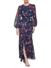 Eliza J Floral Long Sleeve Cascade Ruffle Maxi Dress In Navy