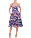 Eliza J Women's Floral Appliqué Mesh Midi Dress In Cobalt