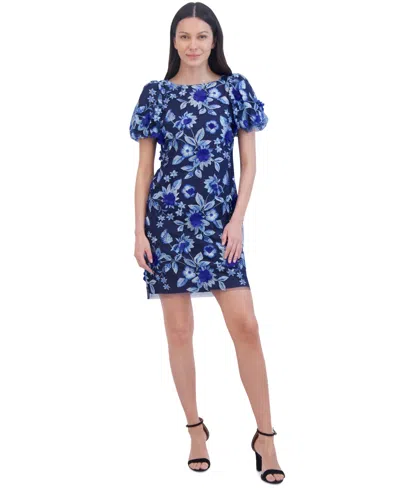 Eliza J Women's Floral Embroidered Puff-sleeve Sheath Dress In Navy Multi