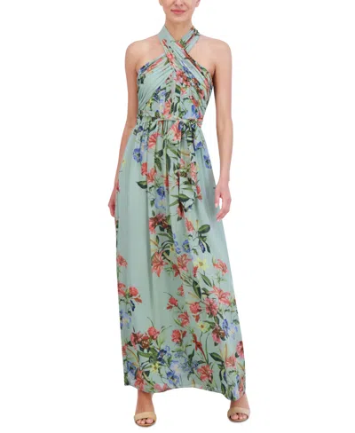 Eliza J Women's Floral-print Halter Maxi Dress In Mint