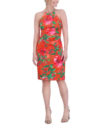 Eliza J Women's Floral-print Halter Sheath Dress In Coral