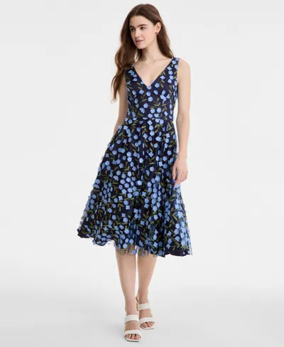Eliza J Women's Floral-print Mesh V-neck Midi Dress