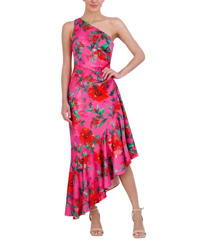 Eliza J Women's Floral-print One-shoulder Maxi Dress In Hot Pink