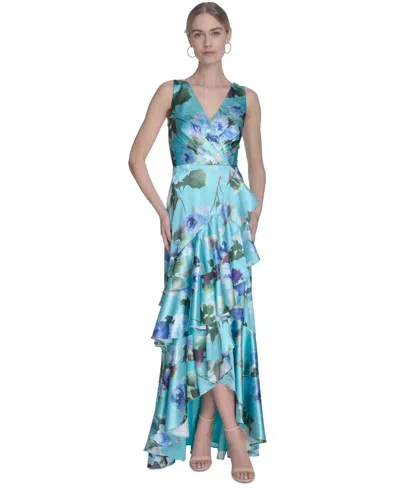 Eliza J Women's Floral-print Satin Wrap-style Gown In Aqua