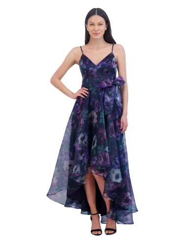 Eliza J Women's Floral Print Sleeveless High-low Gown In Navy Multi