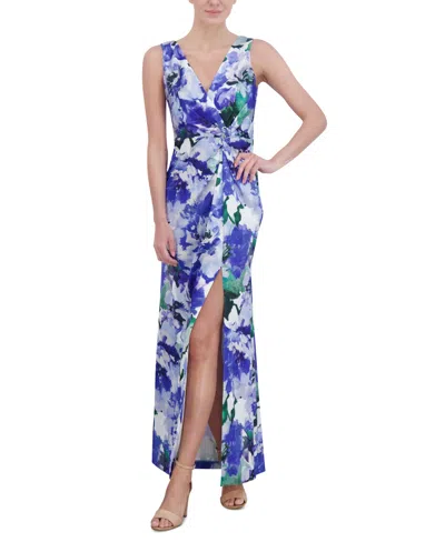 Eliza J Women's Floral-print Twist-front Gown In Blue Multi