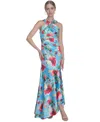 Eliza J Floral Print Twist Neck Gown In Aqua Multi