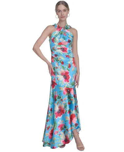 ELIZA J WOMEN'S FLORAL-PRINT TWIST-FRONT HALTER GOWN