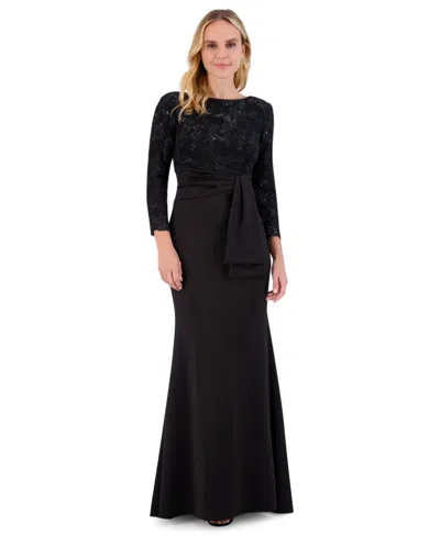 Eliza J Women's Floral-sequin 3/4-sleeve Boat-neck Gown In Black