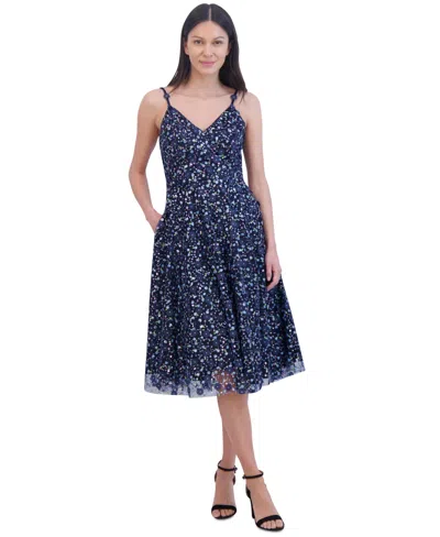 Eliza J Women's Floral Sequin Sleeveless Fit & Flare Dress In Navy
