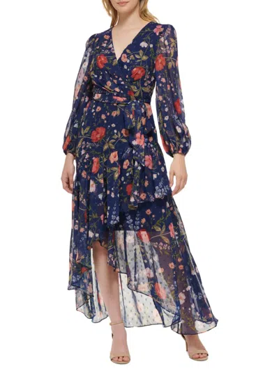 Eliza J Printed Chiffon Midi Dress In Navy