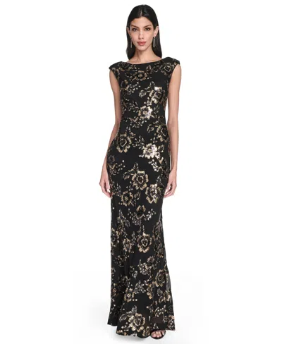Eliza J Women's Floral-print Sequined Boat Neck Gown In Black