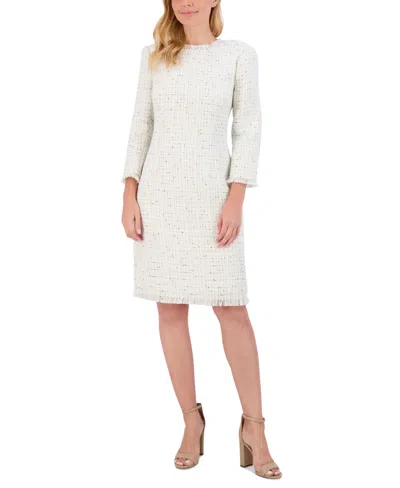 Eliza J Women's Fringe-trim Boucle Tweed Sheath Dress In Ivory