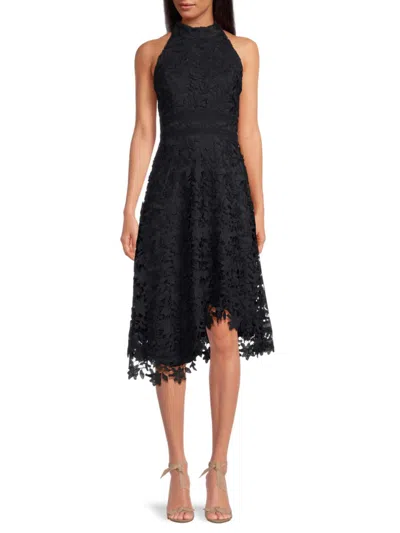 Eliza J Women's Halter Lace Asymmetrical Midi-dress In Black
