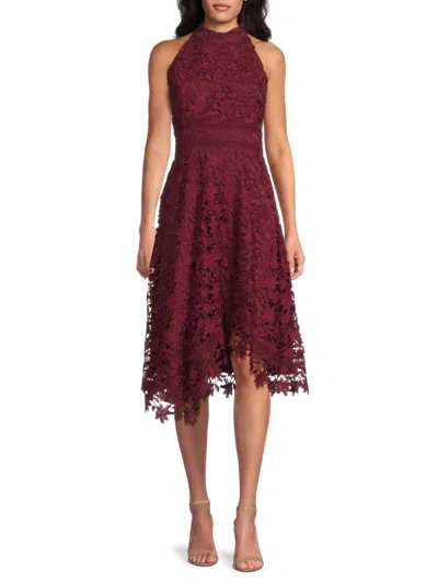 Eliza J Women's Halter Lace Asymmetrical Midi-dress In Burgundy