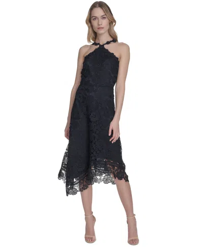 Eliza J Women's Lace Halter Handkerchief-hem Midi Dress In Navy