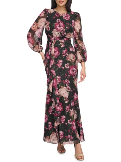 Eliza J Women's Long Sleeve Floral Chiffon Maxi Dress In Black